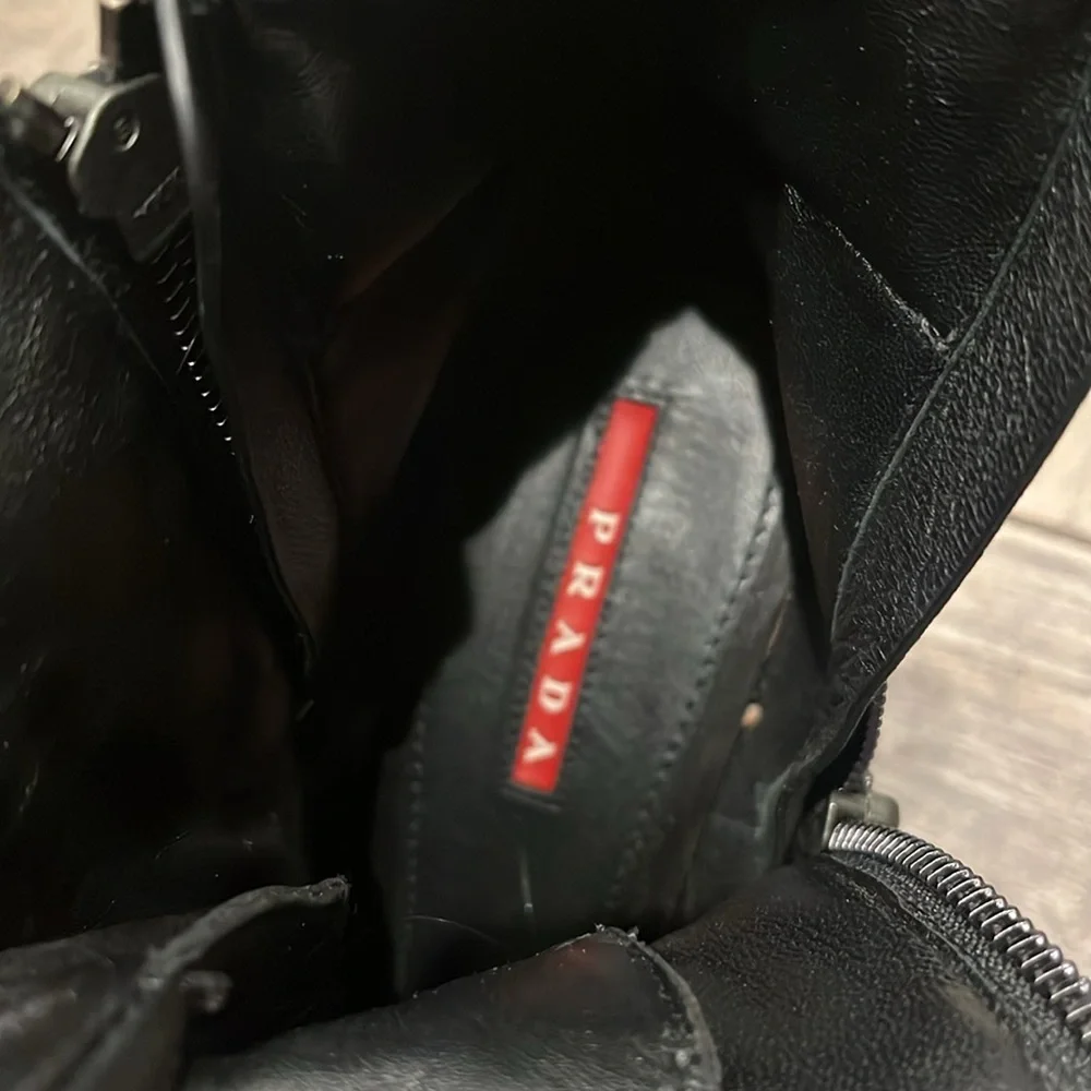PRADA Combat Heeled Boots Zippers Black Leather Lace Up 37 - Picture 7 of 8